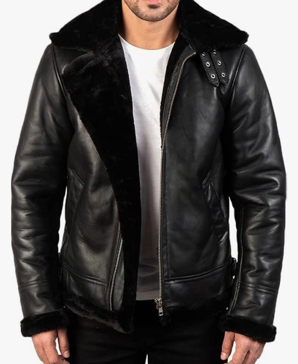 Men's Black Leather Jacket with Faux Fur