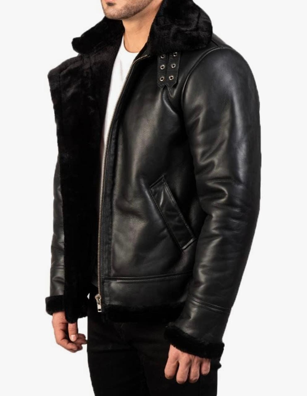 Men's Black Leather Jacket with Faux Fur